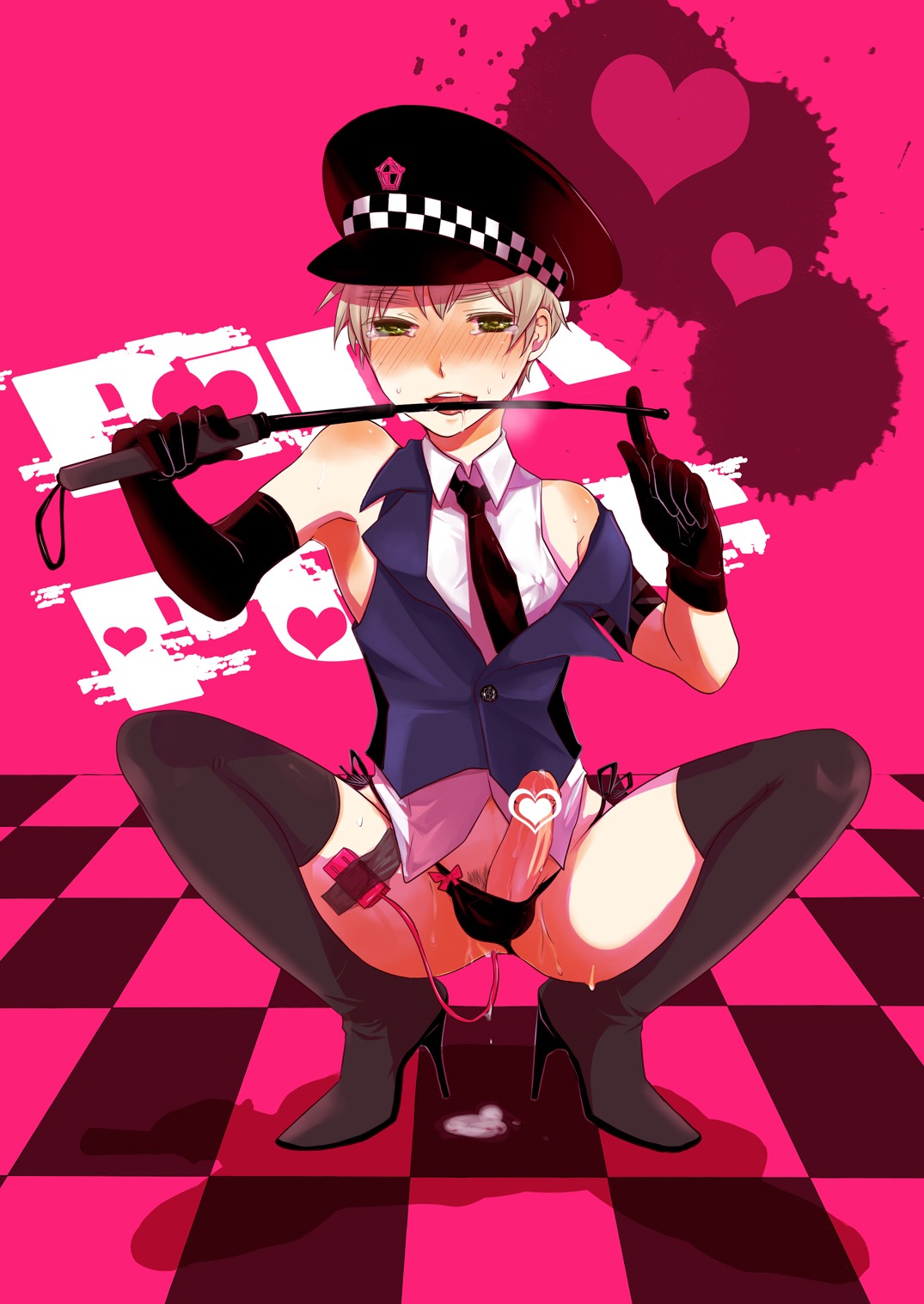 1boy arthur_kirkland axis_powers_hetalia blush england_(hetalia) erect_nipples erection green_eyes highres male male_only necktie nipples panties penis riding_crop rule34 solo thigh_boots tie trap underwear vest vibrator
