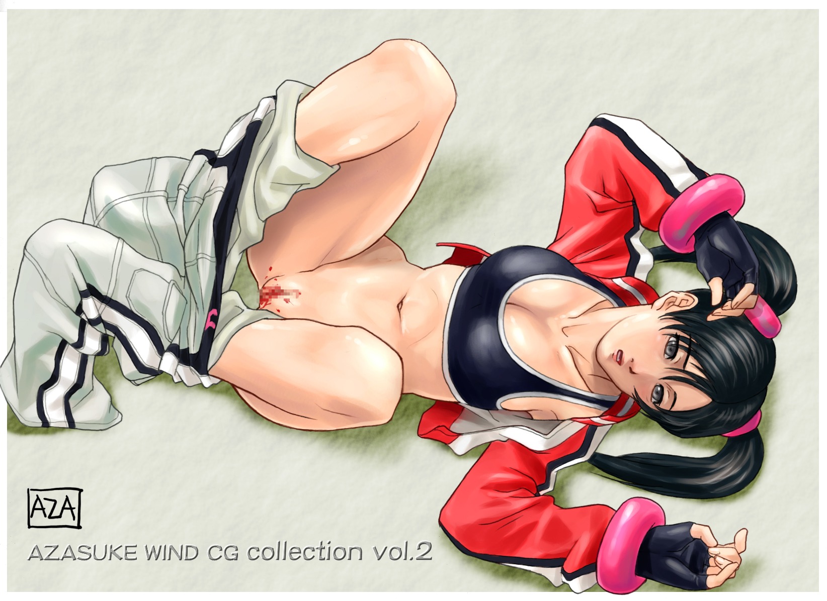 azasuke bikini_top black_hair blood blush brown_eyes censored female highres ling_xiaoyu no_panties pants_down pussy rule34 tekken tied_hair twintails