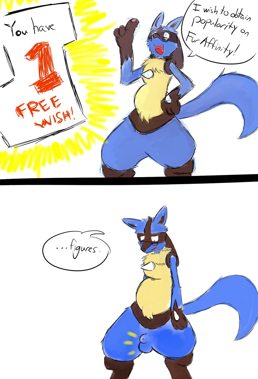 animal_genitalia anthro balls black_body black_eyes black_fur blue_body blue_fur canid canine chibsarts comic dialogue e621 english_text eyewear flaccid fur furaffinity generation_4_pokemon genitals glasses hi_res lucario male mammal nintendo penis pokemon pokemon_(species) sheath simple_background solo tail text the_truth white_background yellow_body yellow_fur