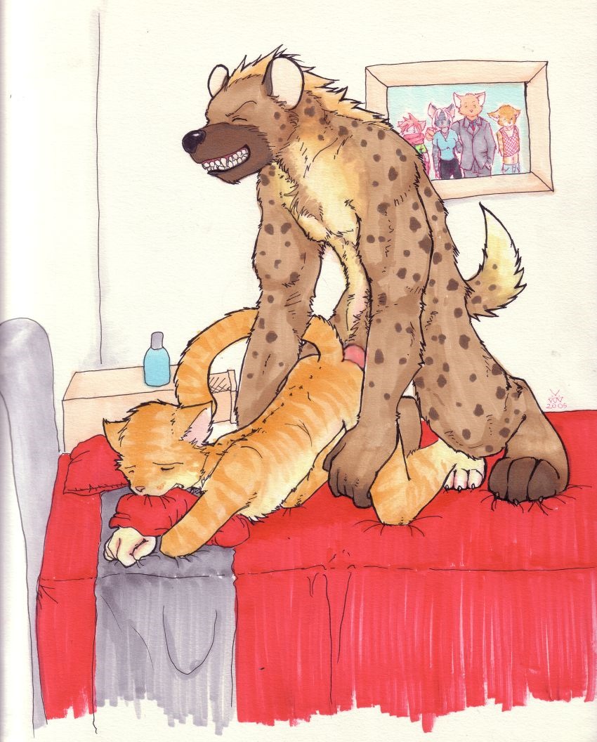 3_toes 5_fingers age_difference ambiguous_gender ambiguous_penetrated anal anal_penetration anthro anthro_on_anthro anthro_penetrated anthro_penetrating anthro_penetrating_anthro ass_up bare_back bed bedroom bite black_nose domestic_cat duo e621 erection eyes_closed feet felid feline felis fingers from_behind_position frown fur furniture genitals grabbing_sheets grin hyena inside leapfrog_position leg_grab male male/ambiguous male_penetrating male_penetrating_ambiguous mammal marker_(artwork) nitrogen nude on_bed penetration penis pillow pillow_bite questionable_consent raised_tail red_pillow restrained sex side_view smile snout spots spotted_hyena tail tan_body tan_fur teeth toes traditional_media_(artwork) yellow_body yellow_fur yellow_tail young young_ambiguous young_anthro younger_penetrated