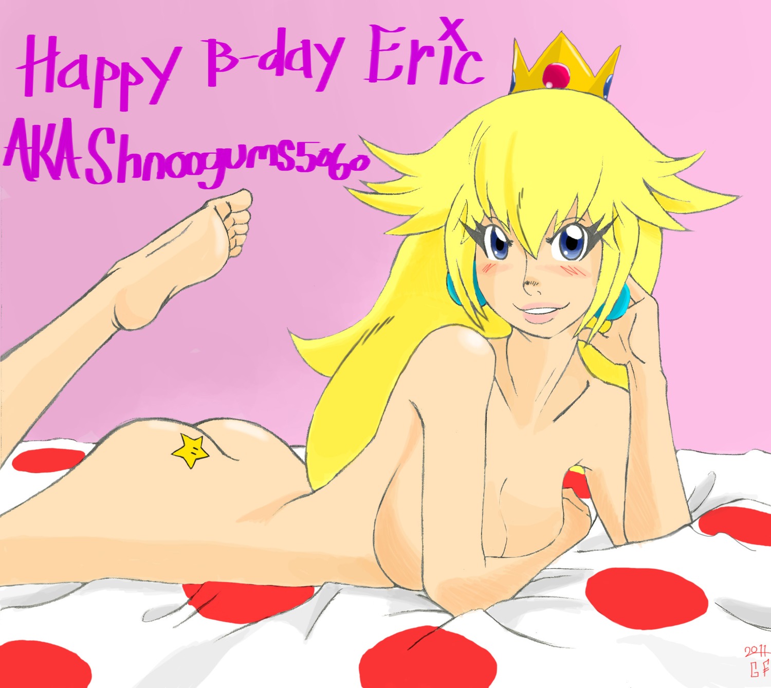 ass color crown ear_piercing female female_only hair happy_birthday long_hair lying mario_(series) nintendo on_front piercing princess_peach rule34 side_view solo tagme tattoo