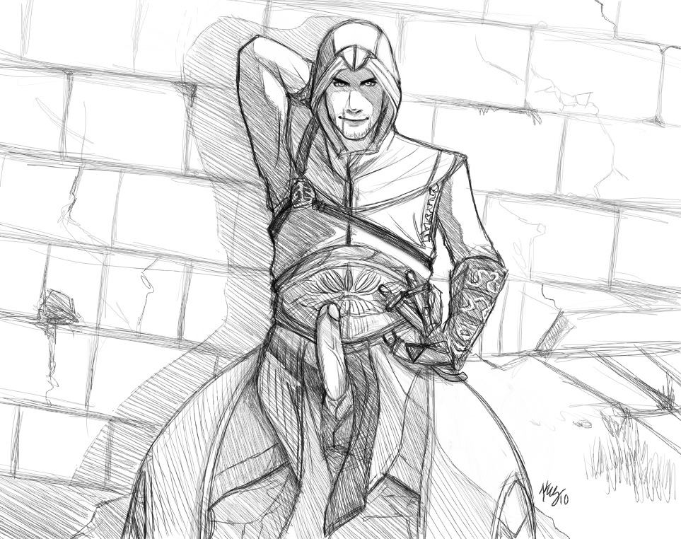 1boy altair_ibn_la-ahad assassin's_creed assassin's_creed_(series) male male_only monochrome penis rough_sketch rule34 scar ubisoft