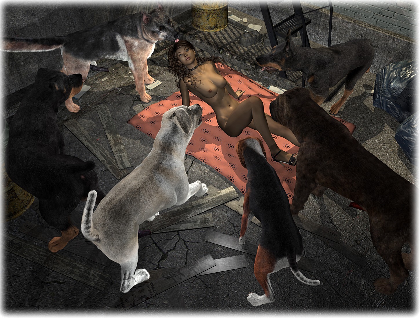 3d_(artwork) alley animal_genitalia animal_penis anus bag beagle bedding bestiality bird_dog black_penis blanket breasts brown_hair canid canine canine_genitalia canine_penis canis clothing collar curly_hair darksoul digital_media_(artwork) dobermann domestic_dog e621 erection female female_human female_on_feral feral fire_escape floppy_ears footwear genitals german_shepherd golden_retriever group group_sex hair herding_dog high_heels human human_on_feral hunting_dog imminent_bestiality imminent_gangbang imminent_group_sex imminent_sex interspecies knot leaning leaning_backward male male/female mammal mastiff molosser mostly_nude navel nipples nude pastoral_dog penis pinscher pit_bull platform_footwear platform_heels realistic_feral red_penis retriever rottweiler scent_hound sex shoes stephanie_(darksoul) surrounded tongue trash_bag trash_can