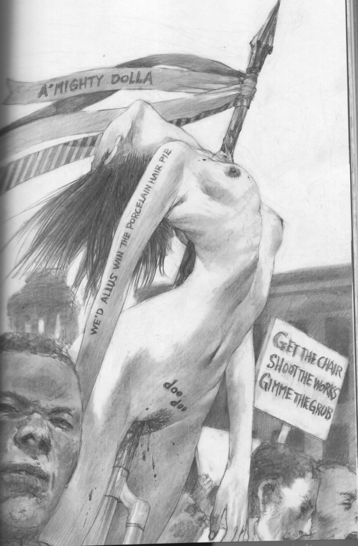 blood death engrish female female_death gore guro hiroaki_samura impaled monochrome naked nude pencil rule34
