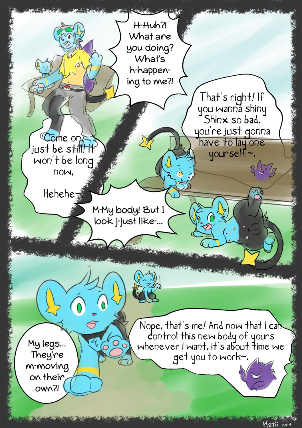 bench black_body black_fur blue_body blue_fur body_control brown_eyes brown_hair clothing comic concern e621 egg english_text exposed eyewear felid female fur gender_transformation generation_1_pokemon generation_4_pokemon gengar genitals green_eyes group hair hatiimiga hi_res human jaki-kun_(character) male mammal mid_transformation multi_nipple nintendo nipples nude on_bench park pokemon pokemon_(species) possession red_eyes shinx shirt shocked sunglasses surprised teats text topwear transformation vulva worried yellow_clothing yellow_eyes yellow_shirt yellow_topwear