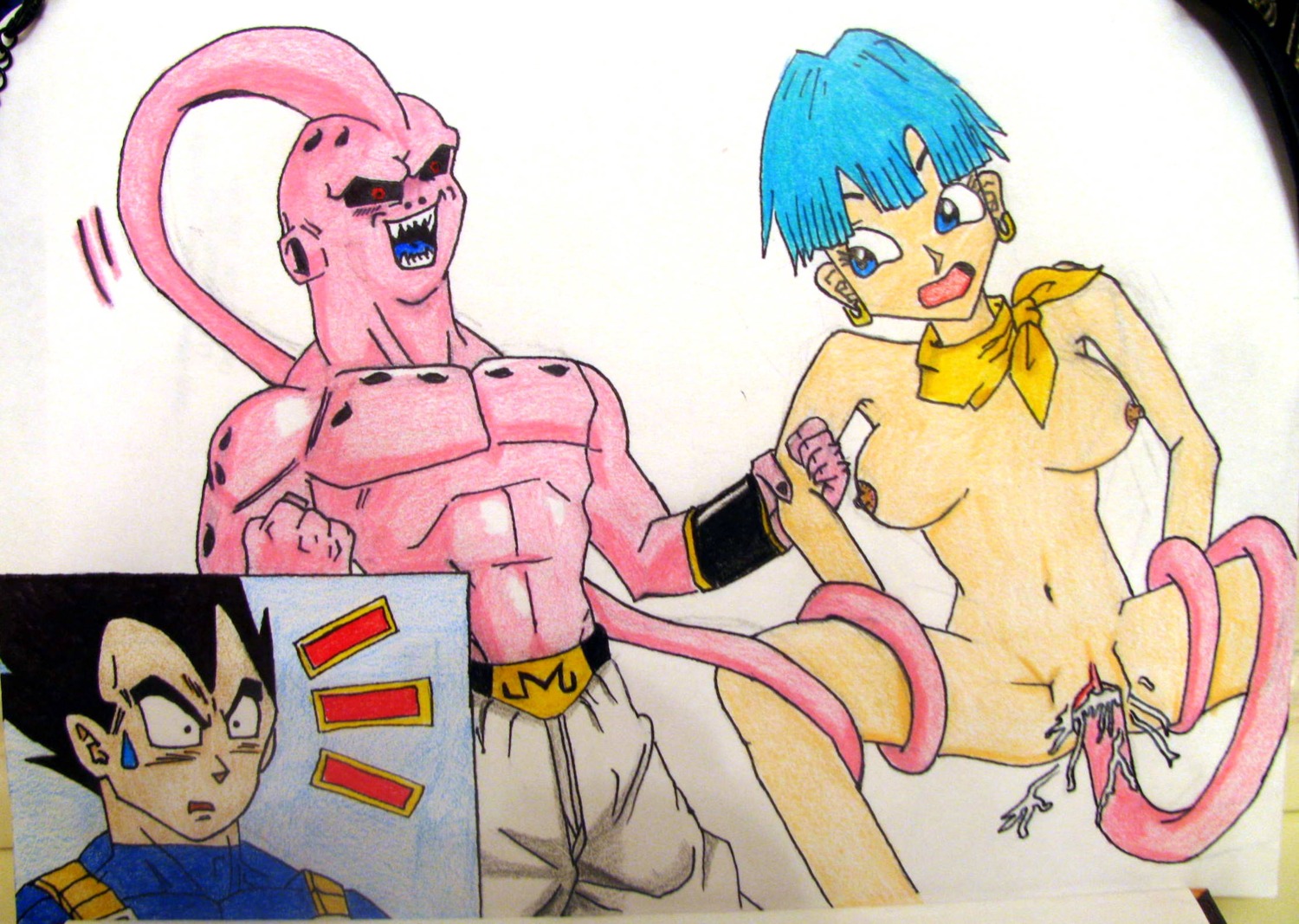 areola blue_eyes blue_hair breasts bulma_briefs dragon_ball dragon_ball_z earrings erect_nipples female human majin_buu male milf nipples prince pussy rape rule34 scarf straight sweat teal_hair tentacle tentacle_rape traditional_media vegeta wet_pussy