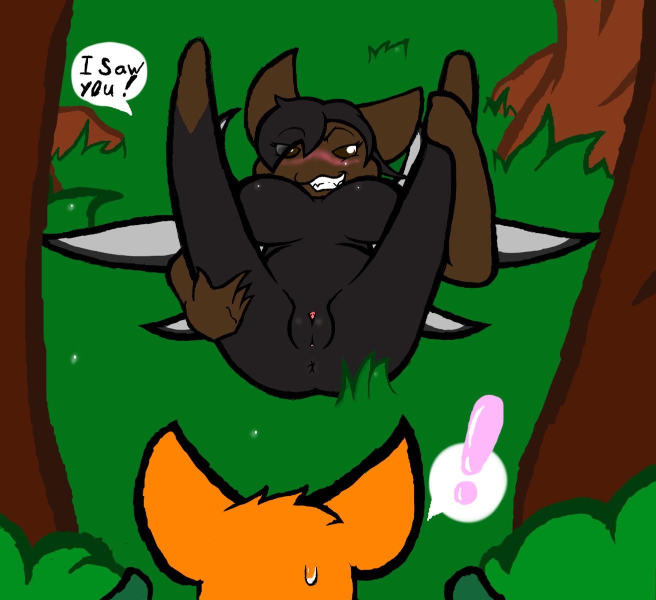 anthro anus big_breasts blush breasts detailed_background duo e621 exclamation_point female forest genitals hi_res lying on_back orva outside plant presenting presenting_vulva roy_mccloud spread_legs spreading tree unknown_species vulva wings wood