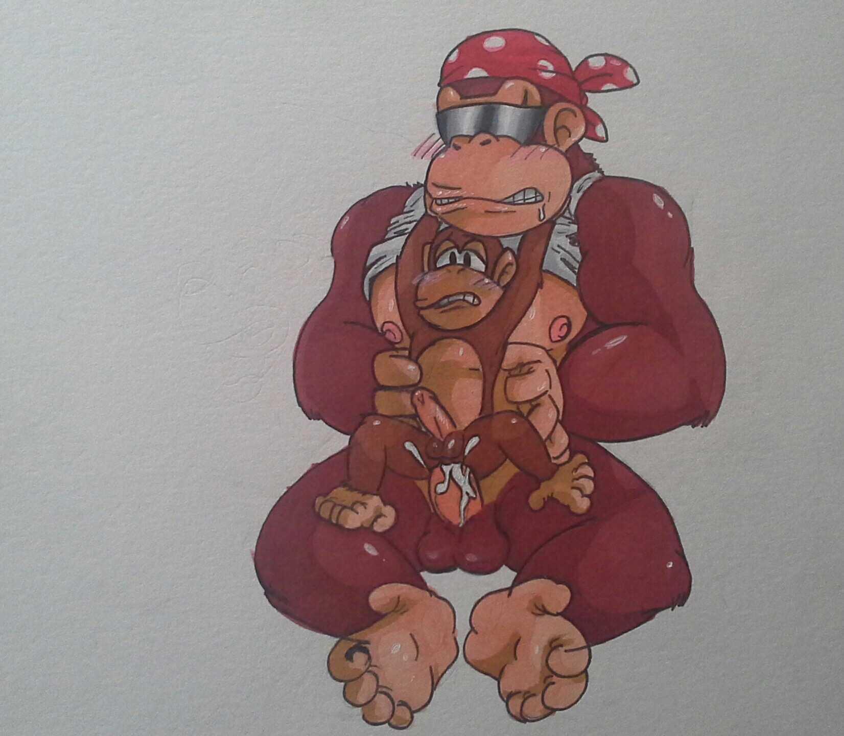 5_fingers 5_toes abs anal anal_penetration animal_genitalia anthro ape balls barefoot biceps big_muscles blush bodily_fluids bowserboy101 brown_body brown_fur clenched_teeth clothed clothing cum cum_in_ass cum_inside diddy_kong dominant donkey_kong_(series) duo e621 erection eyewear feet fingers funky_kong fur genital_fluids genitals glasses gorilla hair haplorhine headgear headkerchief headwear hi_res humanoid_genitalia humanoid_penis incest_(lore) kerchief kong larger_dom larger_male male male/male male_penetrated male_penetrating male_penetrating_male mammal mario_bros monkey muscular muscular_male nintendo nipples nude orgasm pecs penetration penis prehensile_feet primate sex shirt simple_background size_difference smaller_male sunglasses sweat tank_top teeth toes topwear