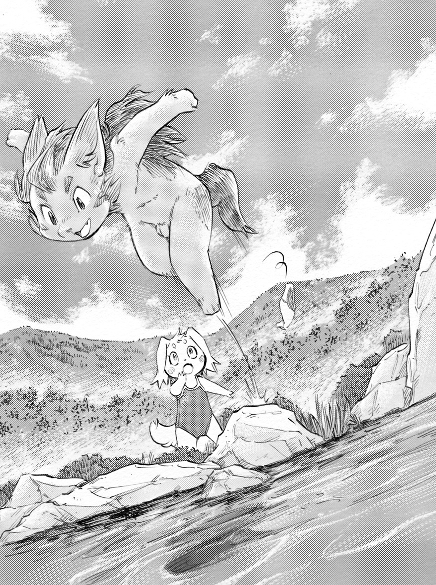 anthro blush canid canine casual_nudity clothing cloud diving duo e621 female flaccid fox fur genitals greyscale jumping male mammal momiji_yu-ga monochrome mountain nature nude outside penis swimwear tail water young young_anthro