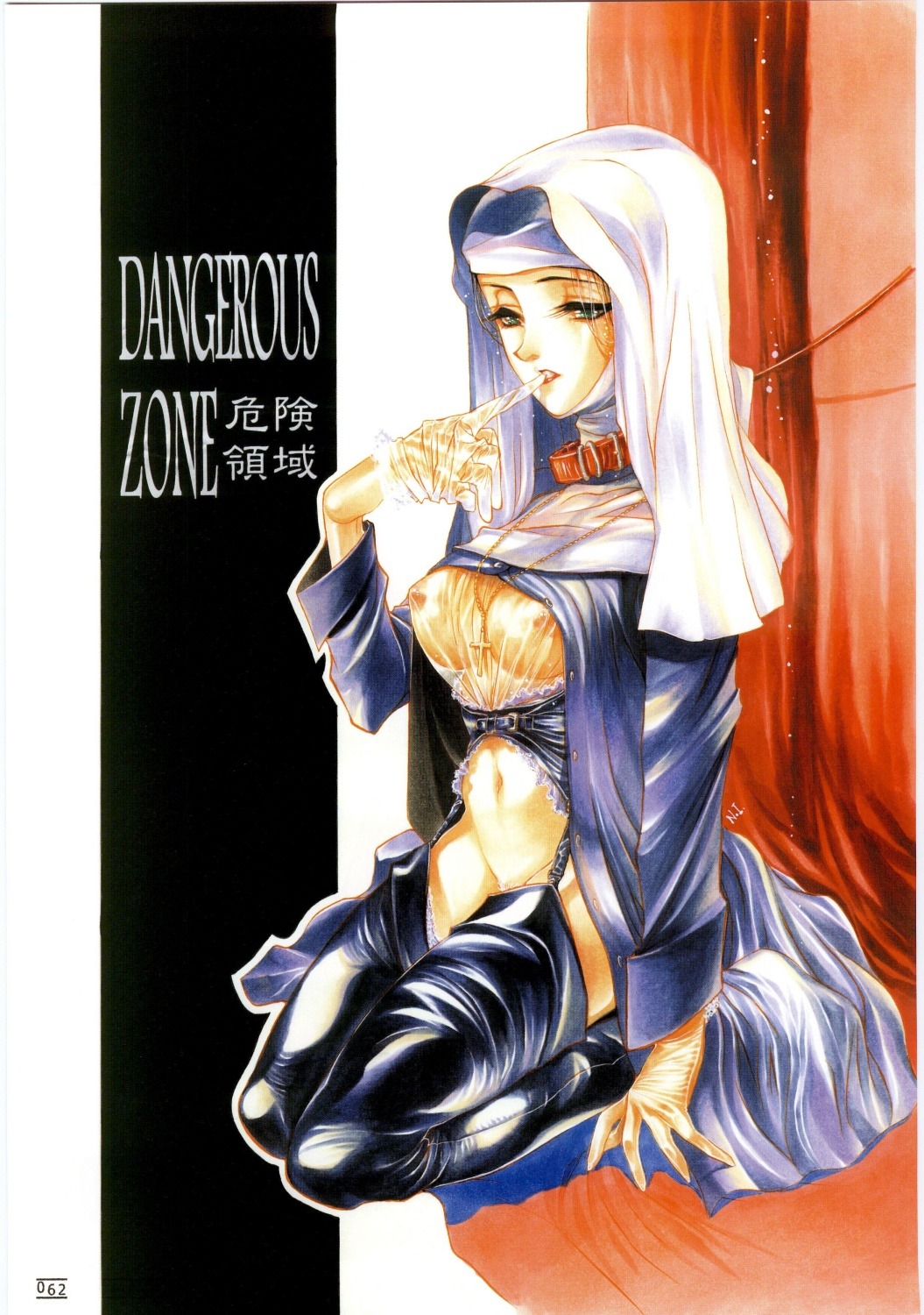 1girls breasts collar copyright_request female female_only garter_straps gloves highres leash nishi_iori nun page_62 pubic_hair rule34 see-through solo thighhighs