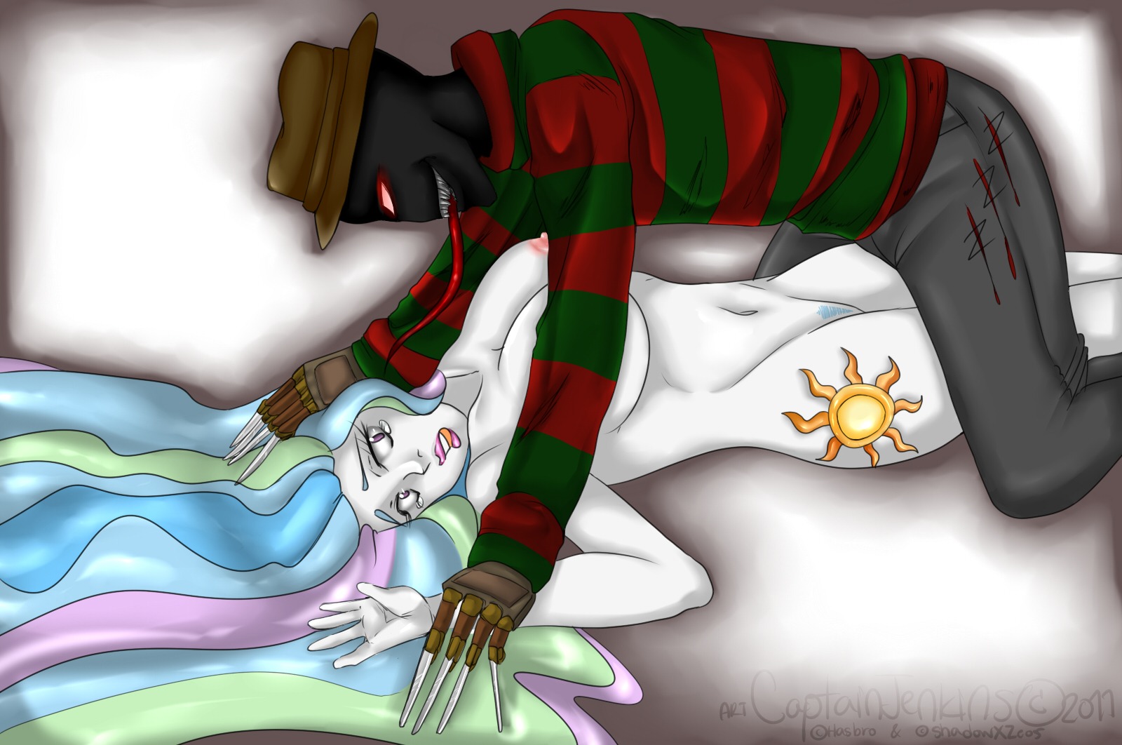 blue_hair captainjenkins crossover female freddy_krueger friendship_is_magic my_little_pony nightmare_on_elm_street princess_celestia_(mlp) rule34 smooth_skin