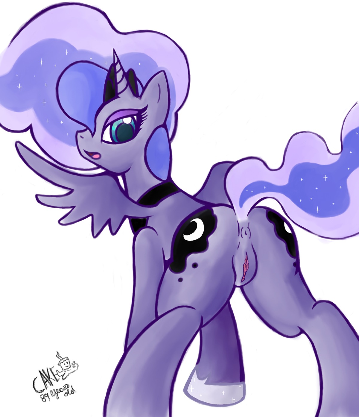 2013 anus blue_body blue_eyes blue_feathers blue_fur blue_hair butt cutie_mark e621 equid equine feathered_wings feathers female feral friendship_is_magic fur genitals hair hasbro hi_res horn looking_at_viewer looking_back mammal my_little_pony mythological_creature mythological_equine mythology open_mouth princess_luna_(mlp) ricocake simple_background solo tail vulva white_background winged_unicorn wings