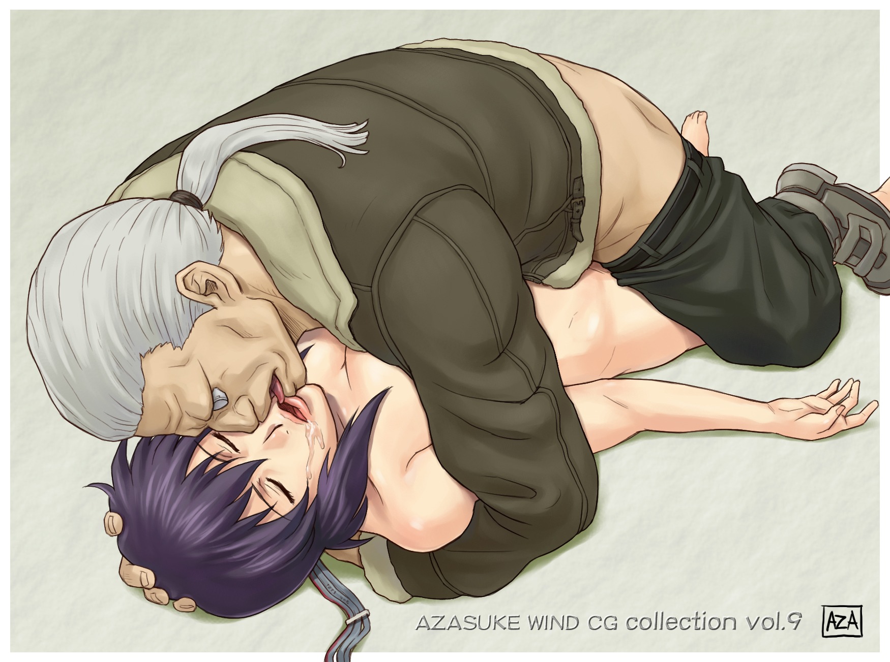 azasuke batou boots breasts cleavage closed_eyes clothed_sex cyborg drooling female ghost_in_the_shell ghost_in_the_shell_stand_alone_complex grey_hair hand_on_head highres hug kusanagi_motoko licking lying missionary nude ocular_implant on_back ponytail purple_hair rape rule34 saliva sex sexbot short_hair sleeping submissive tied_hair tongue unconscious wire wires