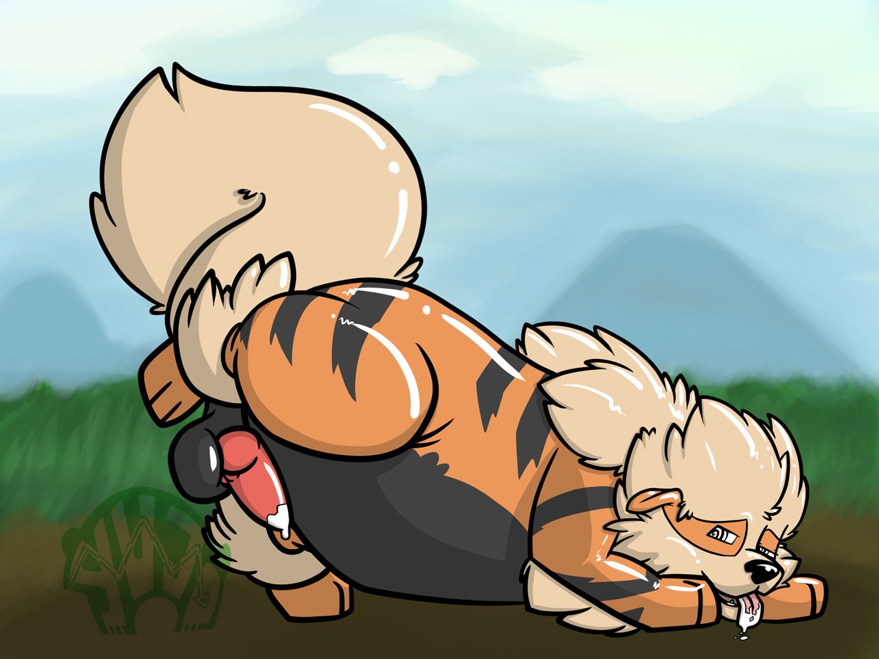 arcanine balls canine color cum day feral male male_only nude outdoors penis pokemon pokemon_(species) raised_leg rule34 side_view solo tagme testicles