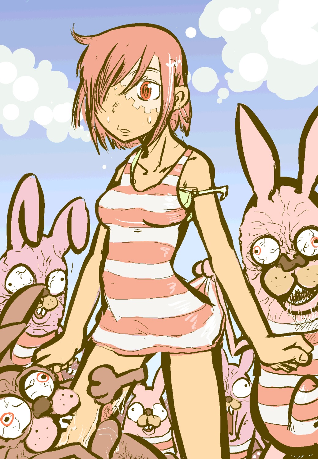 417_zhonghua_minguo_guangshu_pao bloodshot_eyes bra bra_strap breasts dress_lift erection erection_under_clothes female kirenenko large_breasts licking_leg outside peeping rabbit red_eyes rule34 rule_63 short_hair striped_dress usavich white_bra