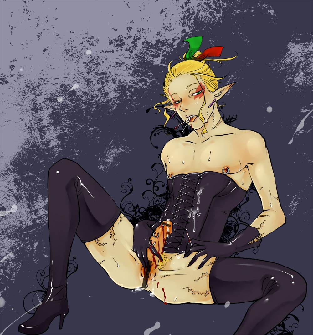 blonde_hair blood castration corset crossdressing final_fantasy final_fantasy_vi kefka_palazzo male piercing rule34 scars yaoi