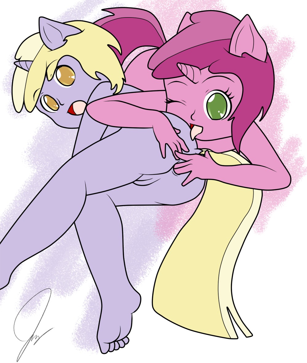 2013 anonjg anthro anthrofied anus berry_pinch_(mlp) butt dinky_hooves_(mlp) duo e621 equid equine female female/female fingering friendship_is_magic genitals hair hasbro horn licking mammal multicolored_hair my_little_pony mythological_creature mythological_equine mythology one_eye_closed open_mouth ruby_pinch_(mlp) signature simple_background smile tail tongue tongue_out two_tone_hair unicorn vulva wink young young_anthro