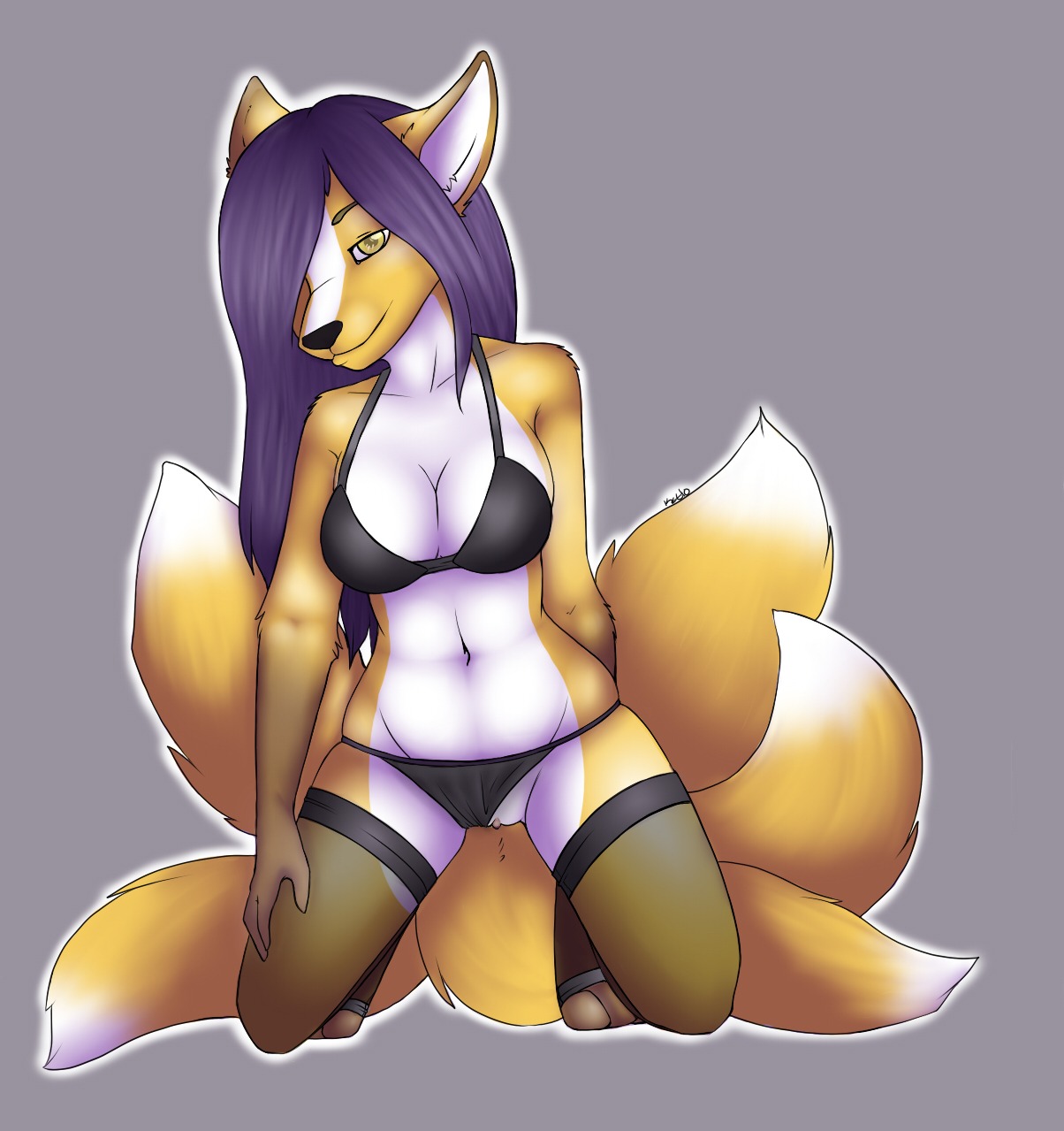 2010 anthro biped bra calientra canid canine clothing e621 female fox genitals hair hair_over_eye hi_res kee kneeling legwear lingerie mammal multi_tail one_eye_obstructed panties solo stockings tail underwear vulva