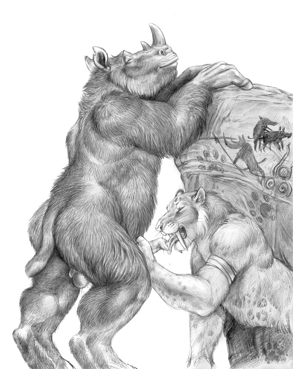 2009 anatomically_correct anatomically_correct_genitalia animal_genitalia animal_penis anthro balls blotch bodily_fluids cum duo e621 erection fangs felid fellatio genital_fluids genitals hi_res horn interspecies licking male male/male male_penetrated male_penetrating male_penetrating_male mammal monochrome nude open_mouth oral pantherine penetration penile penis penis_lick precum prehistoric_species rhino_penis rhinoceros saber-toothed_tiger sabertooth_(anatomy) scratches_volume_3 sex simple_background slightly_chubby smile standing teeth tiger tongue tongue_out traditional_media_(artwork) white_background woolly_rhinoceros
