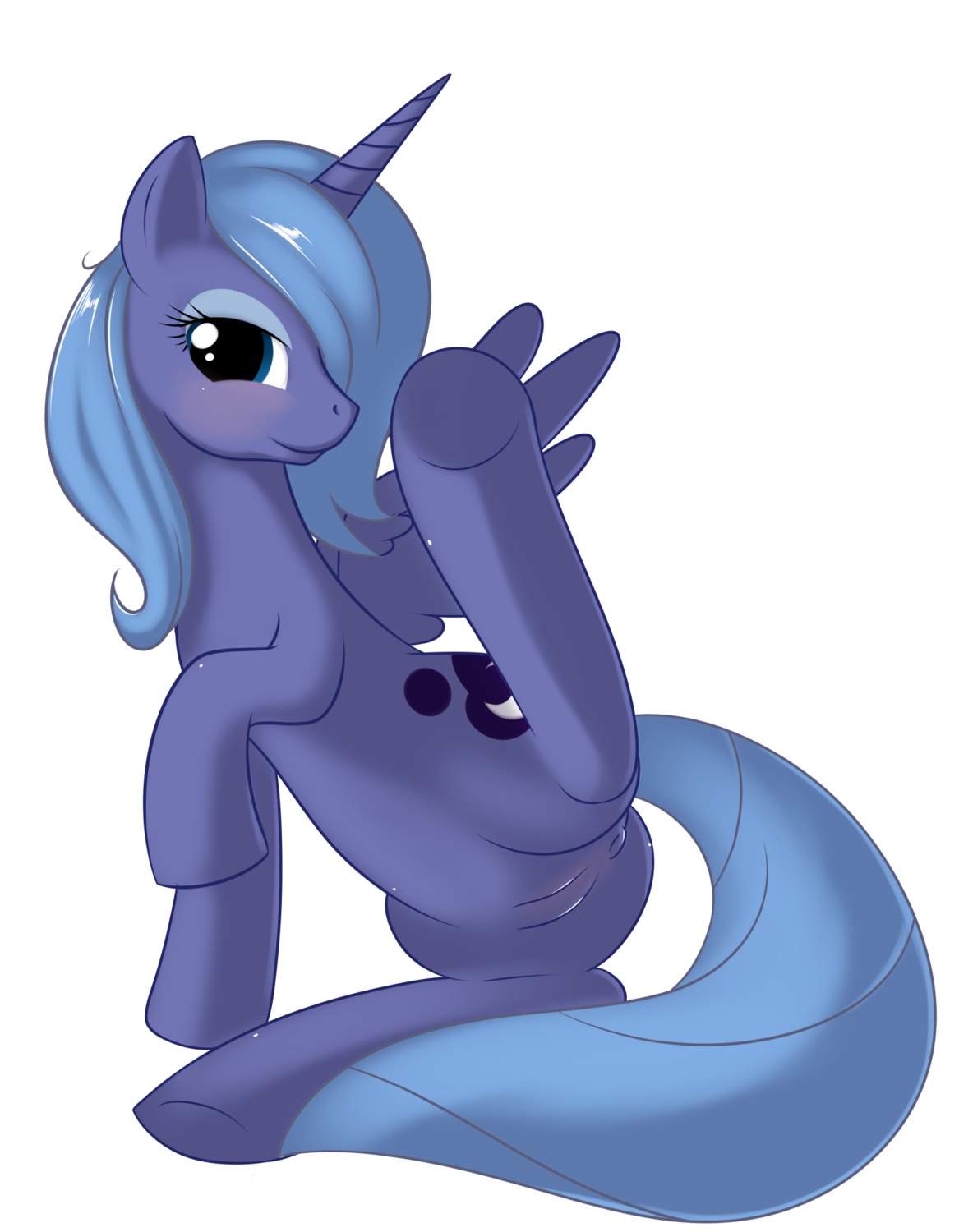 anus blue_body blue_feathers blue_hair blush cutie_mark digital_media_(artwork) e621 equid equine feathered_wings feathers female feral friendship_is_magic genitals hair hasbro hi_res horn kloudmutt mammal my_little_pony mythological_creature mythological_equine mythology princess_luna_(mlp) simple_background solo spread_legs spreading tail vulva winged_unicorn wings