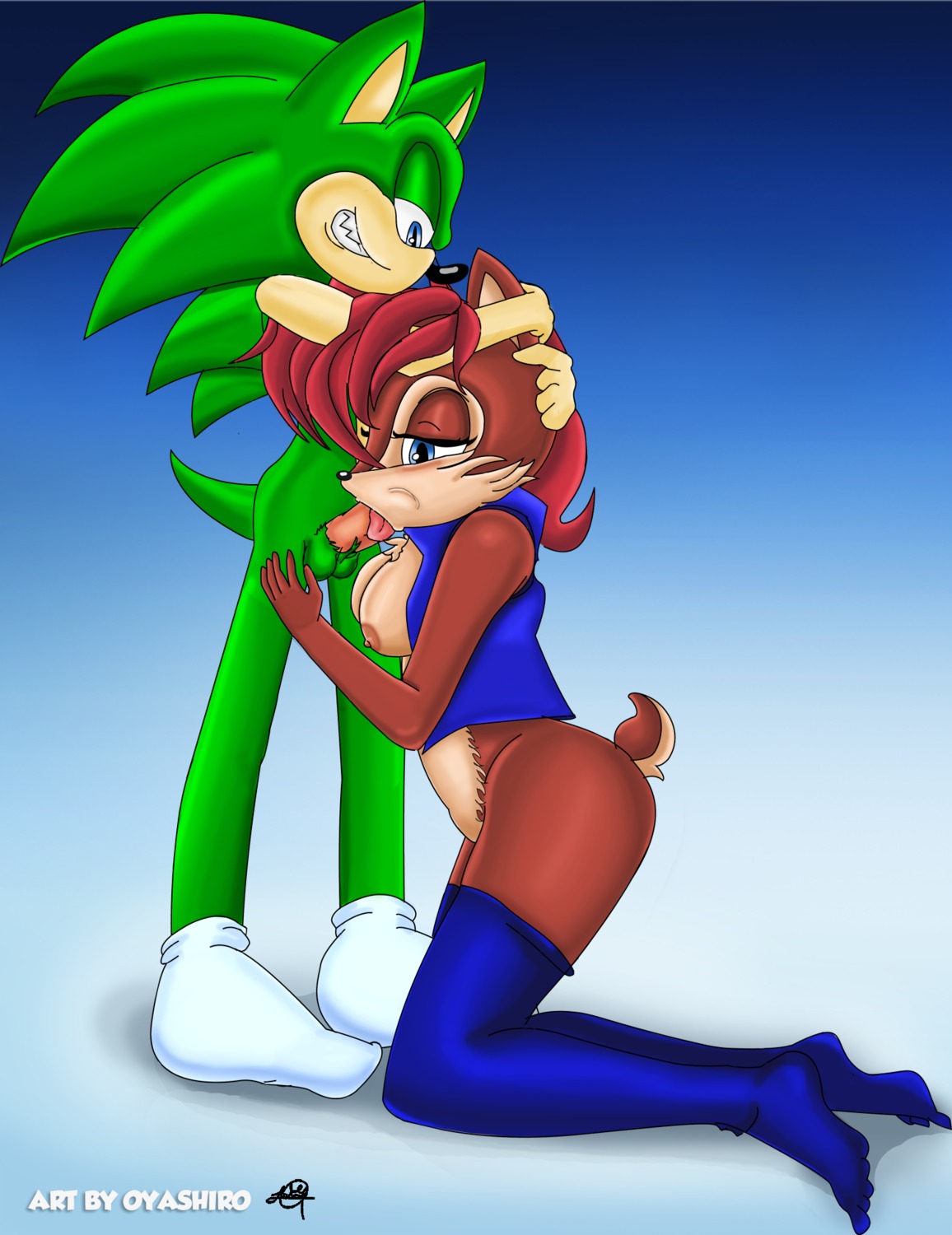 anthro anthro_on_anthro archie_comics balls blue_eyes blush breasts brown_body brown_fur chipmunk clothing duo e621 erection eulipotyphlan fellatio female female_penetrated footwear fur genitals green_body ground_squirrel hair hedgehog hi_res legwear male male/female male_penetrating male_penetrating_female mammal oral oral_penetration oyashirothr43 penetration penile penis red_hair rodent sally_acorn scar sciurid scourge_the_hedgehog sega sex socks sonic_the_hedgehog_(archie) sonic_the_hedgehog_(comics) sonic_the_hedgehog_(series) stockings teeth tongue tongue_out vaginal