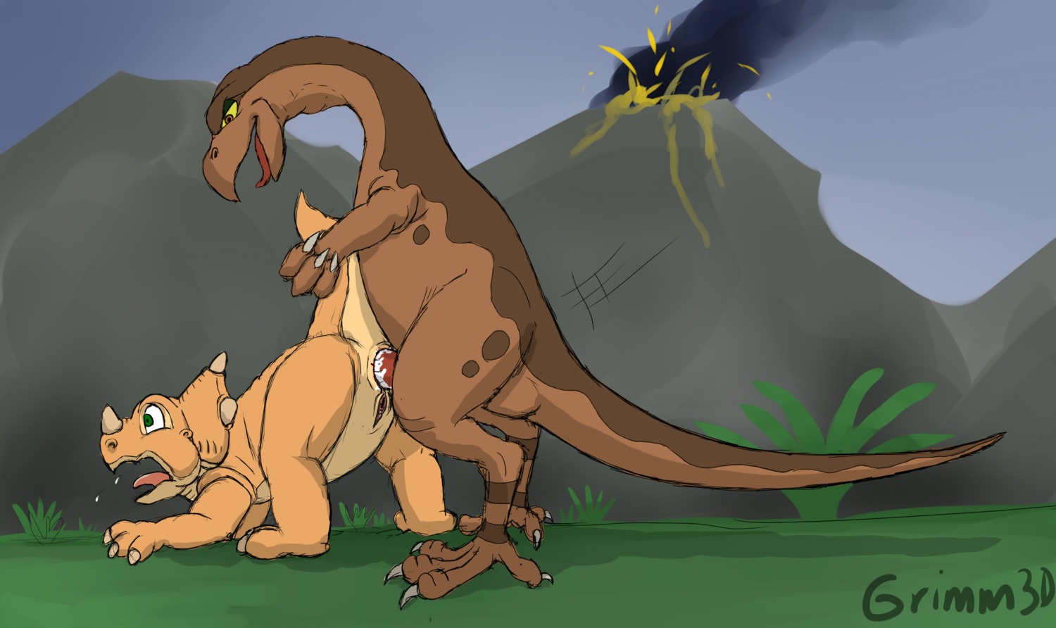 3_toes 4_toes age_difference all_fours anal anal_penetration anus ass_up big_penis black_eyes bodily_fluids bone_frill brown_body brown_eyes brown_skin cera_(the_land_before_time) ceratopsian ceratopsid chasmosaurine claws cum cum_in_ass cum_inside cum_on_penis detailed_background dinosaur don_bluth duo e621 erection feet female female_penetrated female_raped feral forced frill_(anatomy) from_behind_position genital_fluids genitals grass green_eyes grimm3d hi_res horn lava looking_down looking_pleasured male male/female male_penetrating male_penetrating_female male_raping_female marginocephalian older_male open_mouth orange_body orange_eyes orange_skin ornithischian ornithomimid ornithomimosaur outside ozzy_(the_land_before_time) penetration penis plant prehistoric_species rape reptile saliva saurischian scalie sex sky standing struthiomimus tail the_land_before_time theropod tight_fit toe_claws toes tongue tongue_out triceratops volcano vulva yellow_sclera young young_feral younger_female