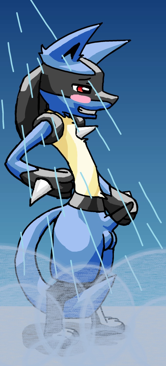 blue_fur blush color feral fur lucario male male_only nude penis pokemon pokemon_(species) red_eyes rule34 shower side_view solo standing tagme water