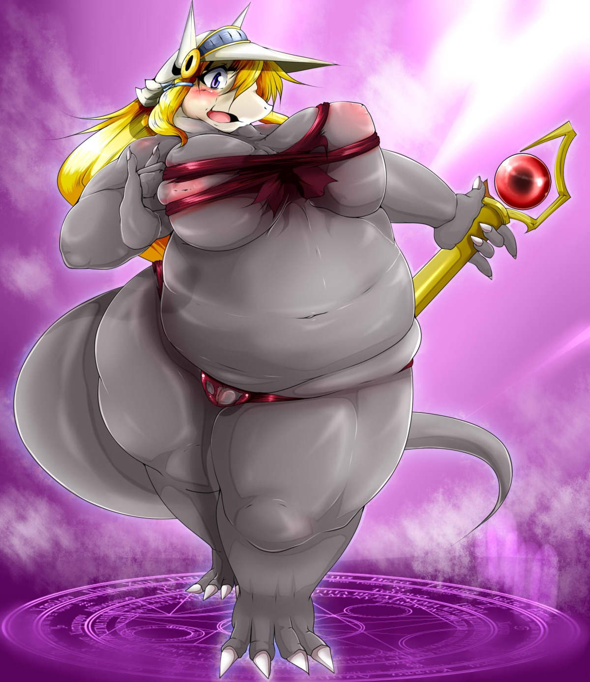 2014 4_toes 5_fingers aggron anthro armor biped blonde_hair breasts claws clothing digital_media_(artwork) e621 feet female fingers geiru_mirua generation_3_pokemon genitals grey_body hair headgear helmet hi_res long_hair looking_at_viewer navel nintendo nipples open_mouth overweight overweight_anthro overweight_female pokemon pokemon_(species) pokemorph purple_eyes solo standing toe_claws toes tongue underwear vulva wand