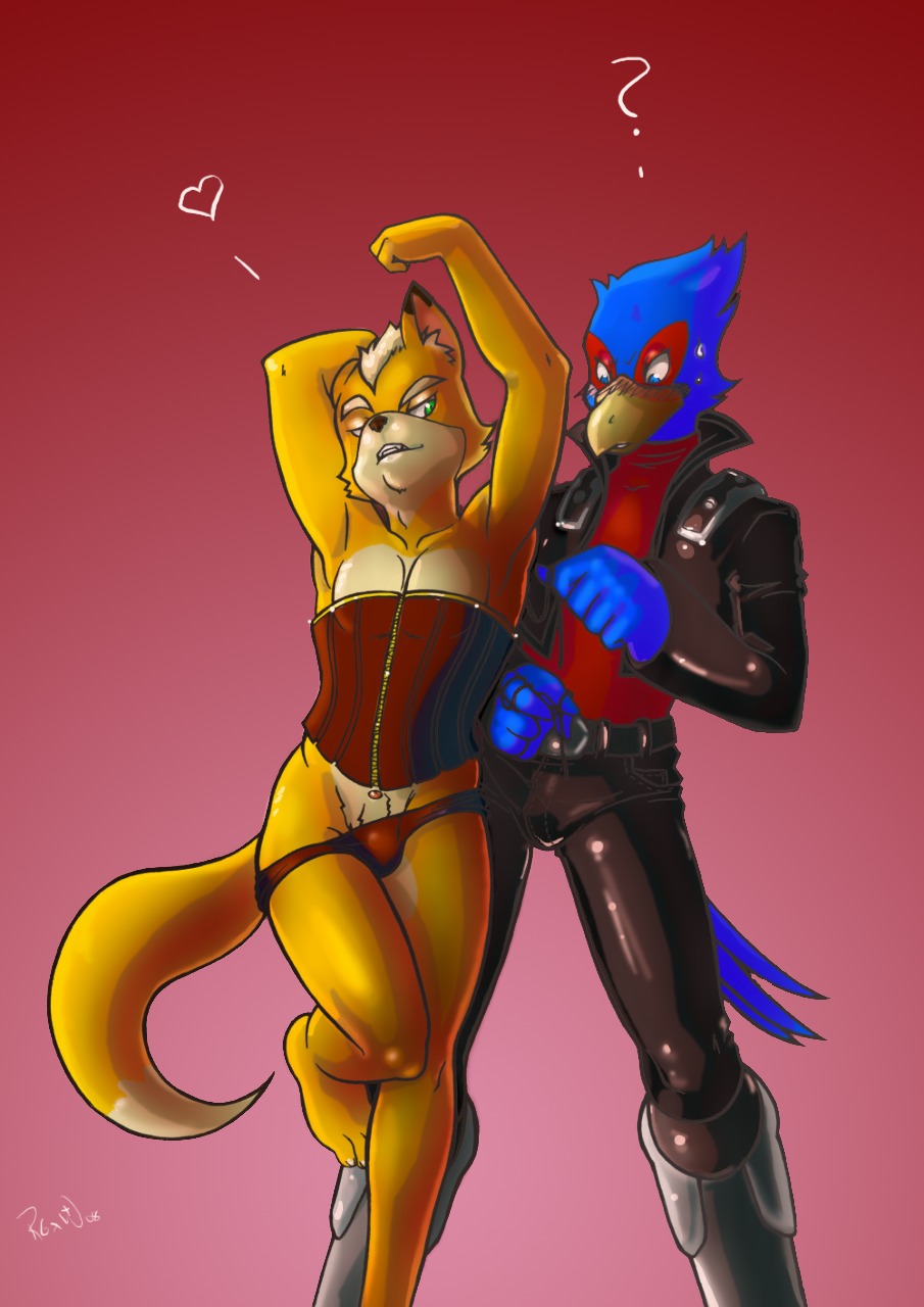animal_genitalia anthro avian beak bird blue_body blue_eyes blue_feathers blush bulge canid canine clothed clothing confusion corset crossdressing duo e621 falco_lombardi feathers femboy fox fox_mccloud fur genitals green_eyes hair heart_symbol hi_res lingerie male male/male mammal nintendo orange_body orange_fur panties penis penis_tip question_mark rockgaara sheath short_hair skimpy standing star_fox tail tail_feathers tongue topwear underwear uptuck wovstah