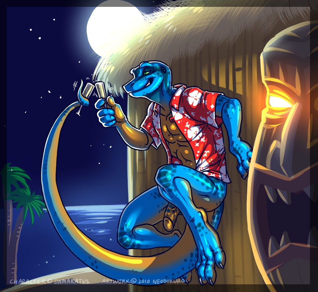 2010 4_toes abs anthro balls beach beverage blue_body blue_skin bottomless claws clothed clothing crouching dactyl_(damaratus) detailed_background drinking e621 erection feet foreskin genitals green_eyes grin holding_glass holding_object humanoid_genitalia humanoid_penis island lizard male markings moon muscular muscular_anthro muscular_male neodokuro night open_clothing open_shirt open_topwear outside palm_tree pecs penis plant pose prehensile_tail reptile retracted_foreskin sand scales scalie sea seaside shirt sky smile solo spots star starry_sky tail tiki toe_claws toes topwear tree tribal tropical vein water wood