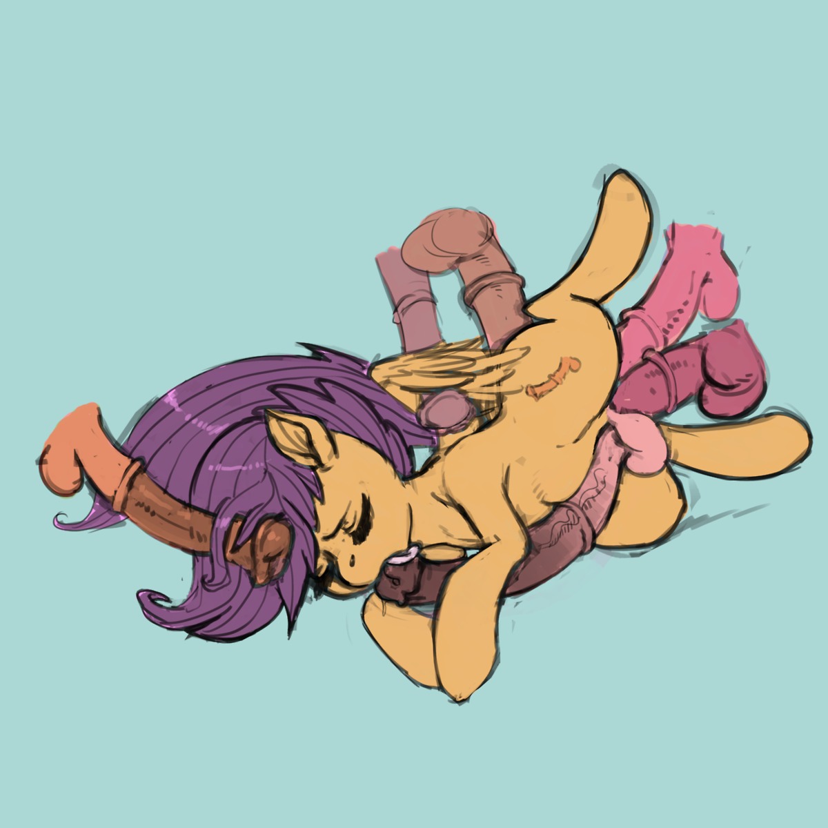 1:1 2013 abdominal_bulge ambiguous_penetration animal_genitalia animal_penis auto_penis_lick autofellatio balls big_balls big_penis blue_background cutie_mark digital_media_(artwork) disembodied_penis double_penetration e621 equid equine equine_genitalia equine_penis erection eyes_closed feathered_wings feathers feral friendship_is_magic fur gangbang genitals group group_sex gynomorph gynomorph/male hair hasbro hi_res huge_penis intersex intersex/male kevinsano licking looking_pleasured lying male mammal masturbation muh-arts my_little_pony mythological_creature mythological_equine mythology on_side oral oral_masturbation orange_body orange_feathers orange_fur pegasus penetration penile penile_masturbation penis penis_everywhere purple_hair scootaloo_(mlp) self_lick sex simple_background small_but_hung solo_focus tongue tongue_out triple_penetration wings young young_feral