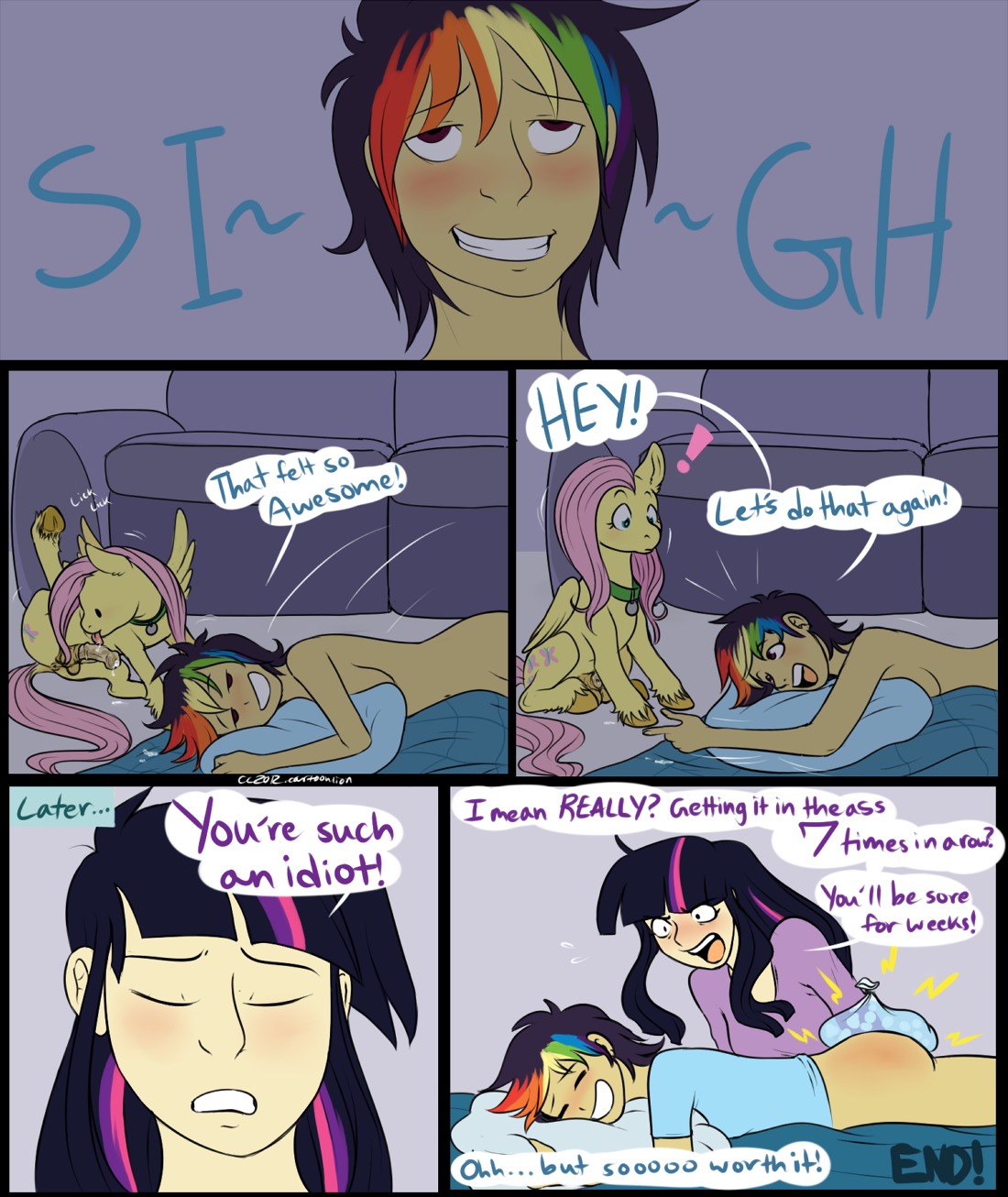 2012 after_anal after_anal_penetration after_sex alternate_species animal_genitalia animal_penis anus balls becoming_flaccid bestiality blue_clothing blue_shirt blue_topwear blush bodily_fluids butt butthurt cartoonlion cartoonlion's_futaverse clothing collar comic cum cutie_mark dialogue e621 english_text equid equine equine_genitalia equine_penis fan_character feathered_wings feathers female feral fluttershy_(mlp) friendship_is_magic fully_sheathed fur futashy_(cartoonlion) genital_fluids genitals group gynomorph hair half-erect hasbro hi_res human human_on_feral humanized ice icepack intersex interspecies licking mammal multicolored_hair my_little_pony mythological_creature mythological_equine mythology nude oral pegasus penile penis penis_lick purple_body purple_clothing purple_fur purple_hair purple_shirt purple_topwear rainbow_dash_(mlp) rainbow_hair sex sheath shirt size_difference smile tail text tongue tongue_out topwear twilight_sparkle_(mlp) two_tone_hair wings yellow_body yellow_feathers yellow_fur yellow_wings