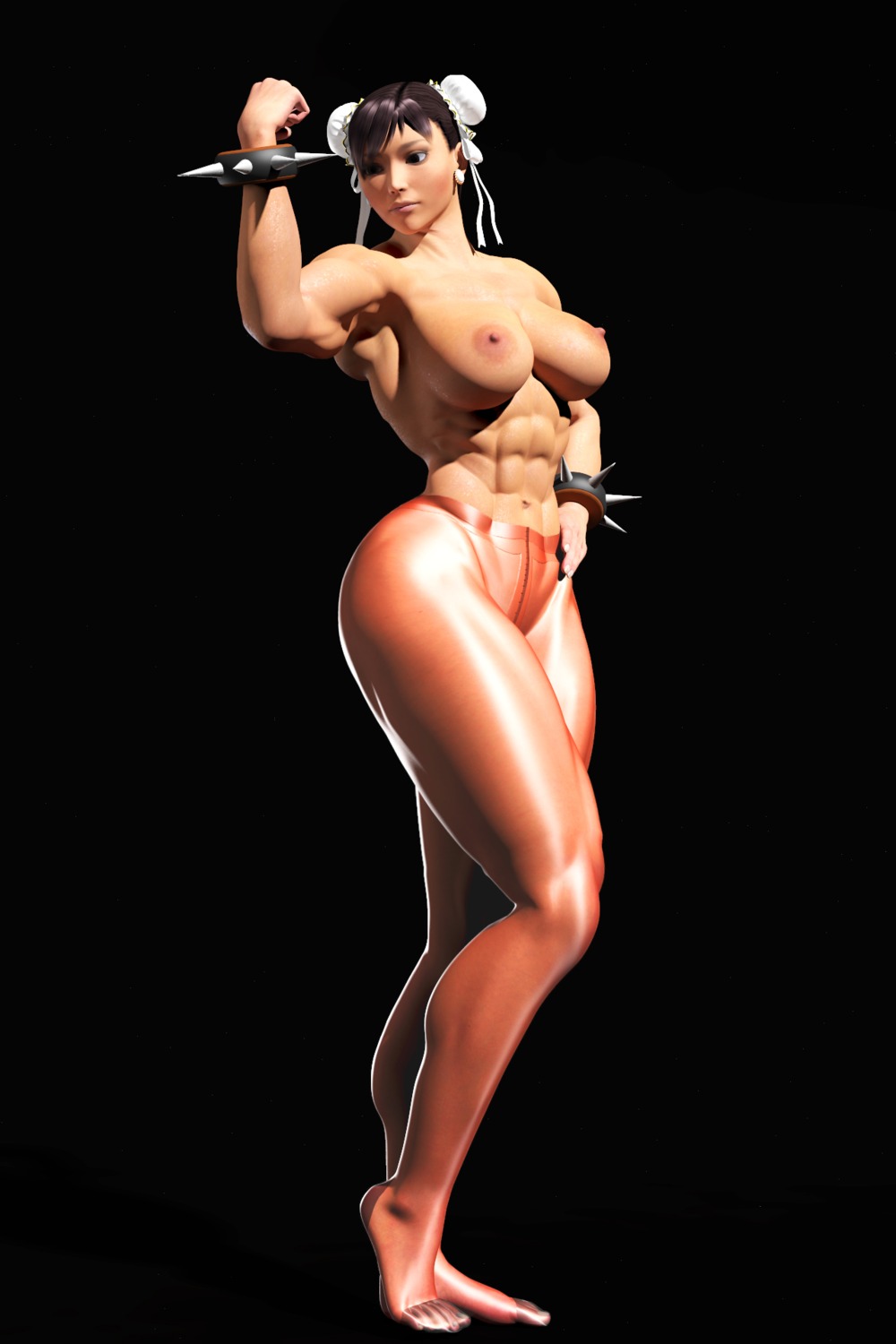 3d abs biceps black_background black_hair bracelet breasts capcom chun-li curvy double_bun feet female female_only flexing hair_bun hand_on_hip highres human kou large_breasts muscles muscular muscular_female pantyhose posing rule34 solo spiked_bracelet street_fighter toes topless
