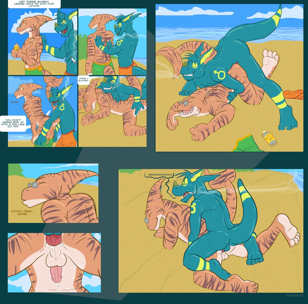 accessory anal anal_penetration anthro anthro_on_anthro aquatic backsack balls bandai_namco beach blue_body bodily_fluids cigarette cloud comic compfive countershading cum cum_in_ass cum_inside cum_while_penetrated dialogue digimon duo e621 ejaculation english_text erection eye_contact eyes_closed eyewear fakemon fan_character fish gender_symbol genital_fluids genitals glasses hands-free humanoid_genitalia humanoid_penis interspecies jewelry lgbt_pride looking_at_another lotion male male/male male_penetrated male_penetrating male_penetrating_male male_symbol markings multicolored_jewelry multiple_scenes nude orgasm outside penetration penis piercing plantigrade pride_color_accessory pride_color_jewelry pride_color_piercing pride_colors public public_exposure public_nudity public_sex rainbow_pride_colors raised_tail requiem_shark rusteh_(sharkbum) scalie seaside seven-stripe_rainbow_pride_colors sex sex_on_the_beach shark sky sleezimon smoke smoking stripes symbol tail text tiger_shark yellow_markings