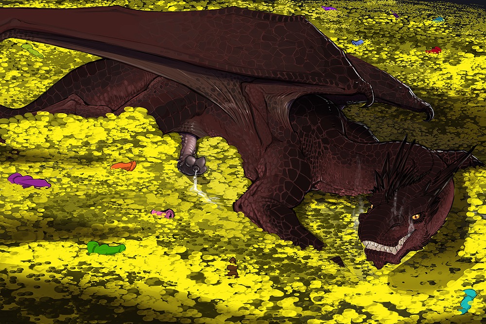 2013 animal_genitalia animal_penis bad_dragon bared_teeth bodily_fluids brown_body brown_scales claws coin cum dildo dragon e621 erection european_mythology feral genital_fluids genitals gold_(metal) gold_coin horn j._r._r._tolkien looking_at_viewer lying male male_feral membrane_(anatomy) membranous_wings middle-earth_(tolkien) mythological_creature mythological_scalie mythology narse penis penis_on_ground pink_penis precum pupils scales scalie sex_toy sharp_teeth slit_pupils smaug smile smoke solo tail teeth the_hobbit thick_tail treasure treasure_hoard western_dragon wings yellow_eyes