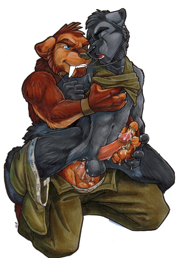 anal anal_sex anthro ares balls canine chibi-marrow clothes cum fur furry furry_only gay male necklace penetration penis reach_around rule34 sabertooth tail