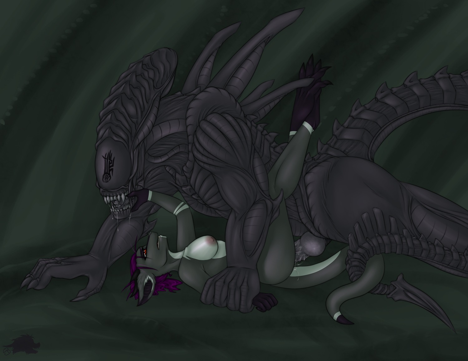 2012 alien alien_(franchise) all_fours anthro bodily_fluids breasts cave claws cum dark deezmo deezmo_(character) duo e621 erection exoskeleton female female_penetrated from_front_position genital_fluids genitals hair hi_res inner_mouth knot lying male male/female male_penetrating male_penetrating_female missionary_position nipples nude on_back open_mouth penetration penis purple_hair red_eyes saliva sex size_difference snakehead404 tail tattoo teeth xenomorph