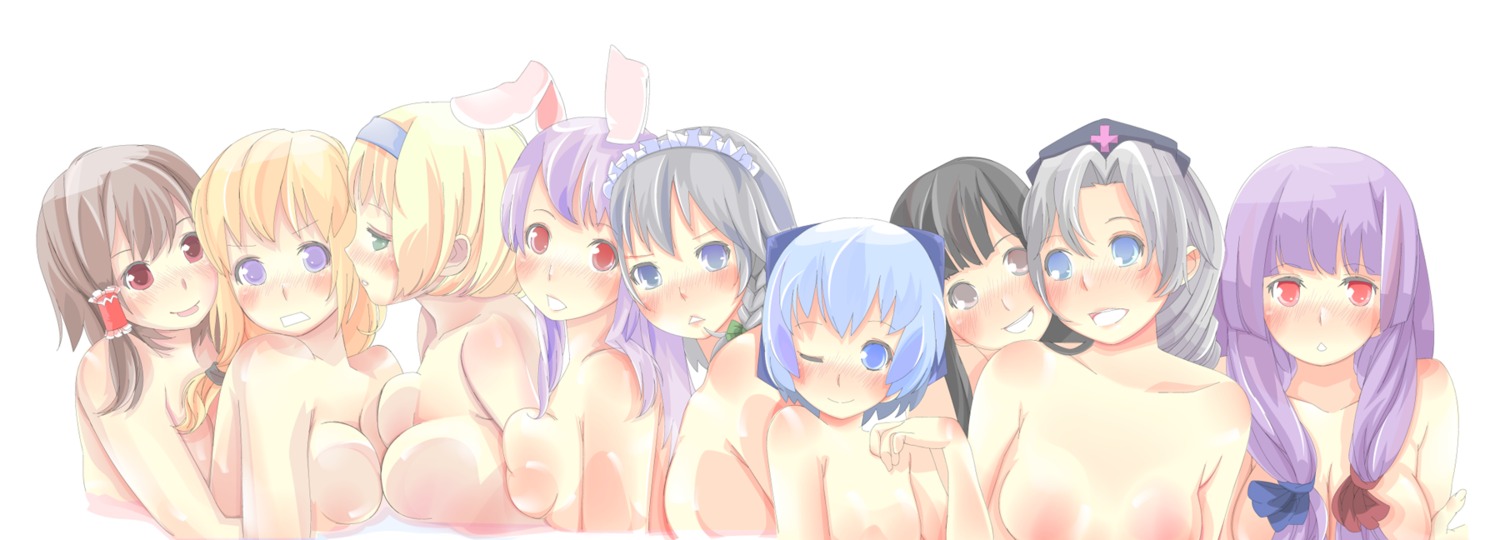 animal_ear black_hair blonde_hair blue_eyes blue_hair blush breast_press breasts brown_eyes bunny_ear cirno eirin_yagokoro female highres human kaguya_houraisan long_hair long_image marisa_kirisame nanako_(artist) nude patchouli_knowledge purple_hair red_eyes reimu_hakurei reisen_udongein_inaba rule34 sakuya_izayoi short_hair symmetrical_docking tongue touhou