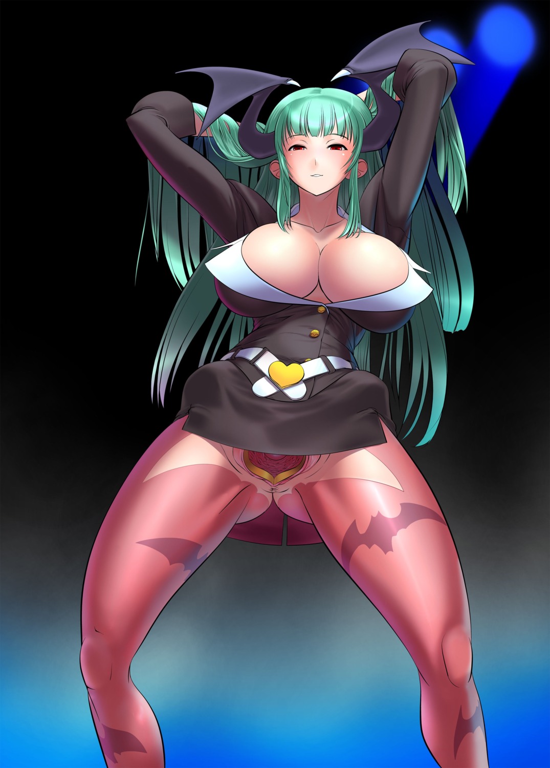1girls anus bat_wings breasts capcom cleavage clothing cosine darkstalkers demon female green_hair highres huge_breasts large_breasts long_hair miniskirt morrigan_aensland office_lady open_clothes open_for_all open_shirt pantyhose pussy red_eyes rule34 shirt skirt smile solo spread_pussy succubus wings