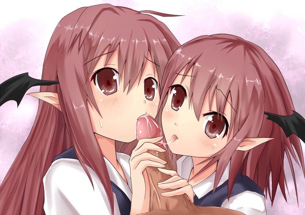 1boy 2girls bat_wings blush clone collaborative_fellatio dark-skinned_male dark_penis dark_skin dual_persona efe face fellatio female ffm_threesome group_sex head_wings interracial koakuma light-skinned_female light_skin long_hair male multiple_fellatio multiple_females multiple_girls oral penis pointy_ears red_eyes red_hair rule34 sex short_hair straight teamwork the_embodiment_of_scarlet_devil threesome touhou uncensored wings