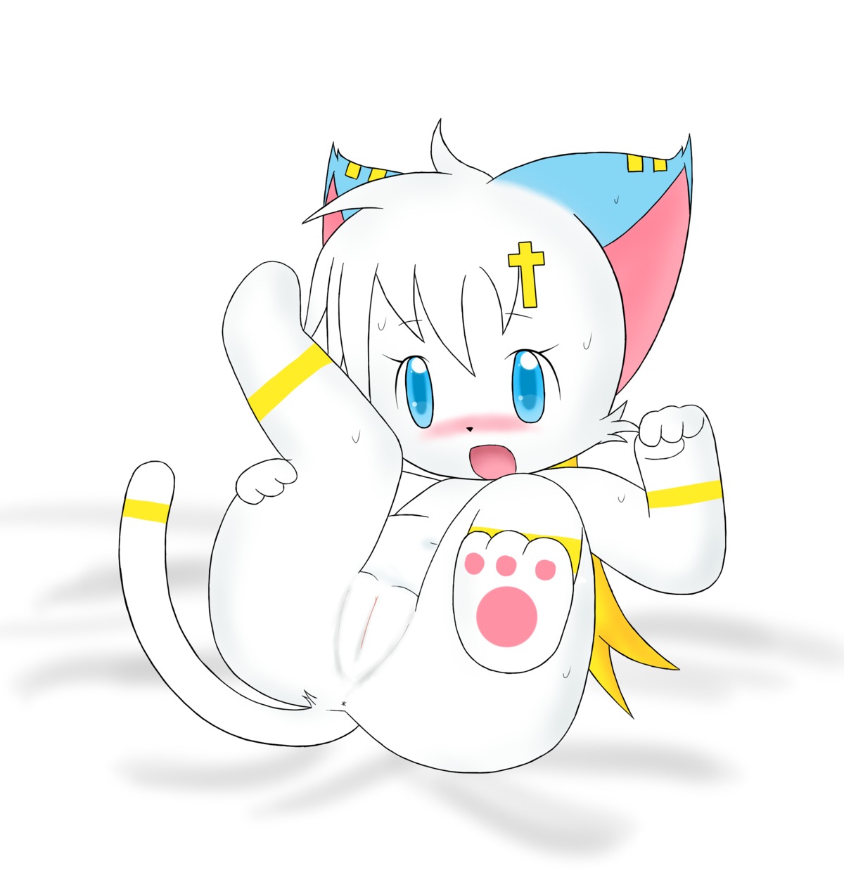 absurd_res anthro anus blue_eyes blush cross digital_media_(artwork) domestic_cat e621 feet felid feline felis female fur genitals hi_res hindpaw kryztar loli mammal navel ninatail open_mouth paws presenting simple_background solo vulva white_background white_body white_fur young young_anthro young_female