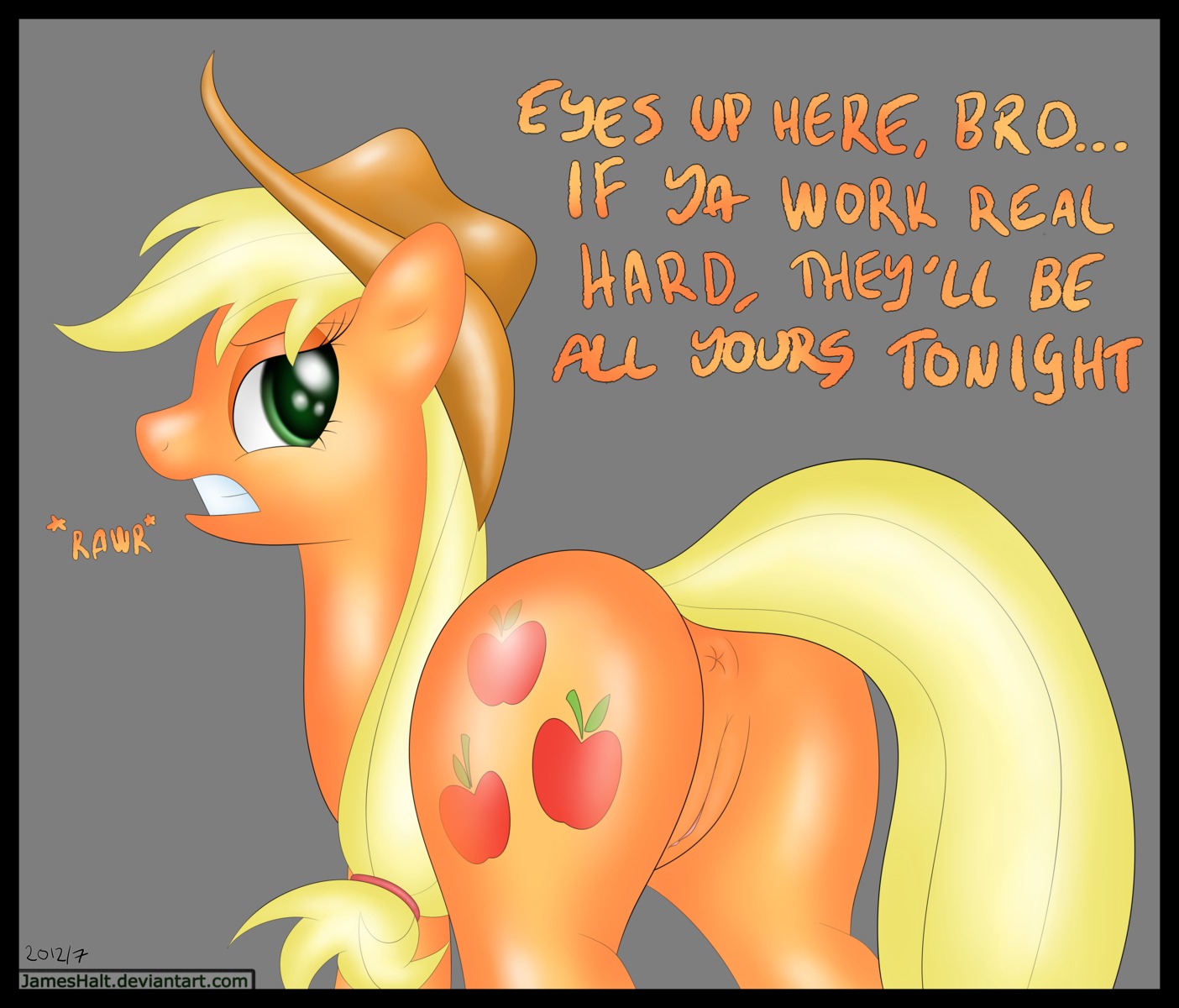 absurd_res alpha_channel anus applejack_(mlp) black_border border butt clenched_teeth e621 earth_pony english_text equid equine female feral friendship_is_magic genitals green_eyes haltie hasbro hi_res horse looking_at_viewer looking_back mammal my_little_pony nude pony presenting presenting_hindquarters simple_background solo tail teeth text transparent_background vulva