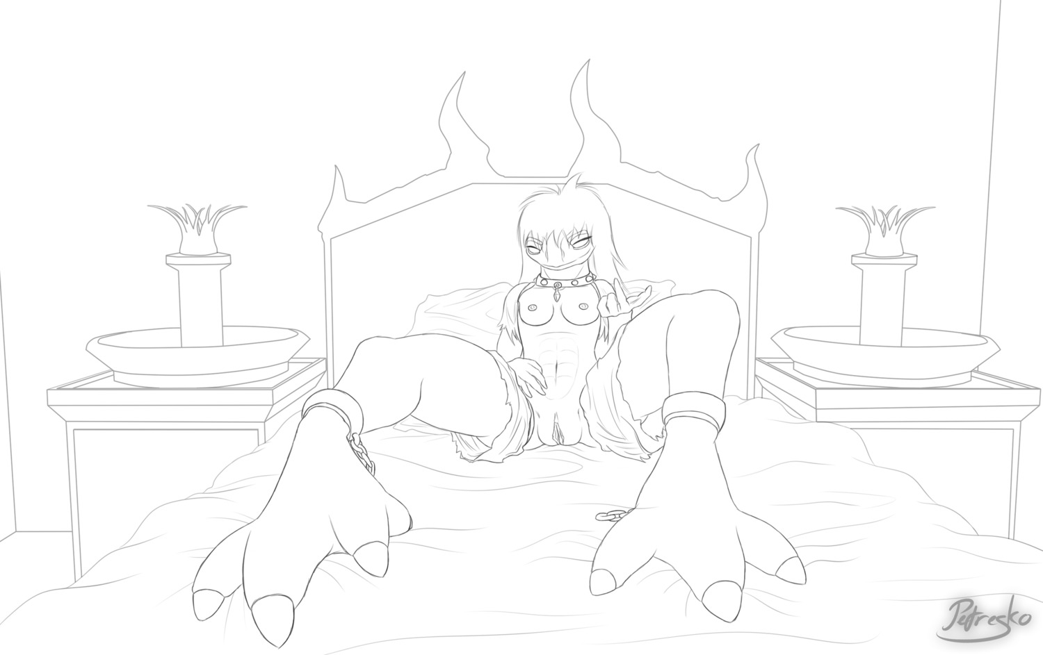 4_fingers alien bed bed_sheet bedding black_and_white black_line_art breasts chain clothed clothing collar digital_drawing_(artwork) digital_media_(artwork) e621 female fingers full-length_portrait furniture genitals hair hi_res inside inviting line_art long_hair looking_at_viewer monochrome monster nipples nude partially_clothed petresko pillow portrait presenting sepilian smile smirk solo vulva