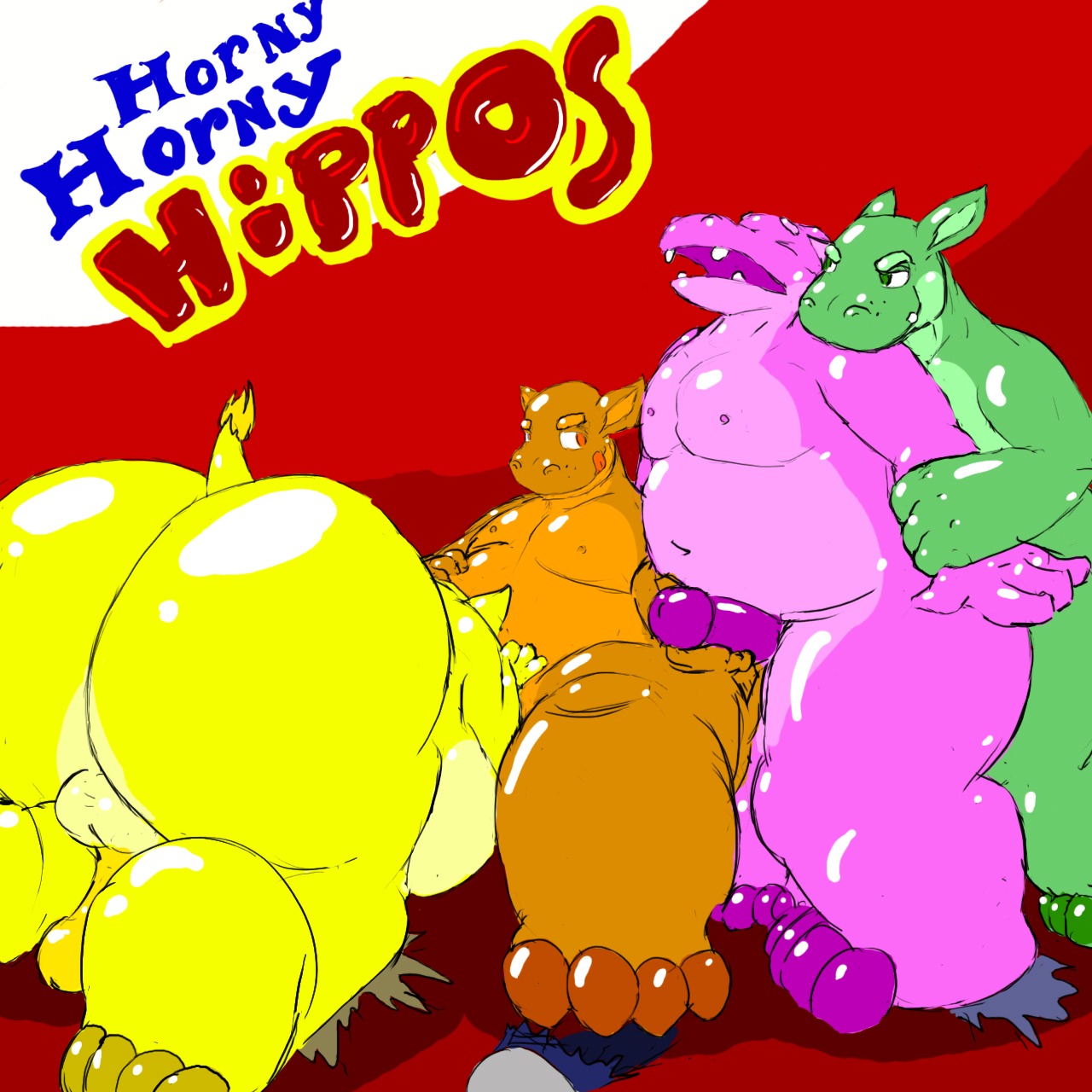 1:1 anthro balls big_butt brown_body brown_skin butt common_hippopotamus e621 english_text erection eyes_closed fellatio from_behind_position genitals green_body green_eyes green_skin group handjob happy_hippo harry_hippo henry_hippo hi_res hippopotamid homer_hippo humor hungry_hungry_hippos intraspecies male male/male male_penetrated male_penetrating male_penetrating_male mammal open_mouth oral overweight parody penetration penile penis purple_body purple_skin reach_around red_eyes run_rabbit_bounce sex text tongue tongue_out yellow_body yellow_skin