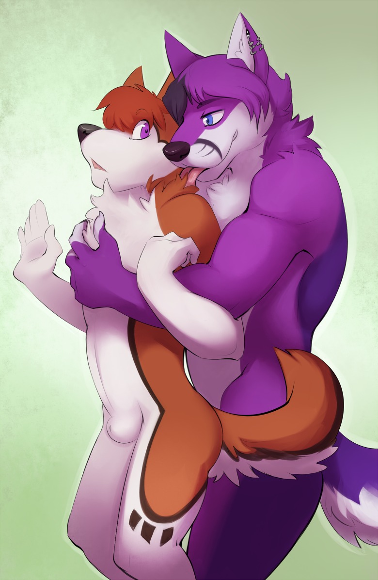 animal_genitalia animal_penis anthro balls biceps blue_eyes brown_body brown_fur brown_hair canid canine canine_genitalia canine_penis canis cenny chest_tuft domestic_dog duo e621 ear_piercing fully_sheathed fur genitals grabbing_from_behind gradient_background hair hand_on_chest harlem hug husky licking male male/male mammal muscular nordic_sled_dog nude open_mouth pec_grab pecs penis piercing playful pose purple_body purple_eyes purple_fur purple_hair sex sheath shyloc side_view simple_background spitz standing tail tongue tongue_out tuft white_body white_fur wolf