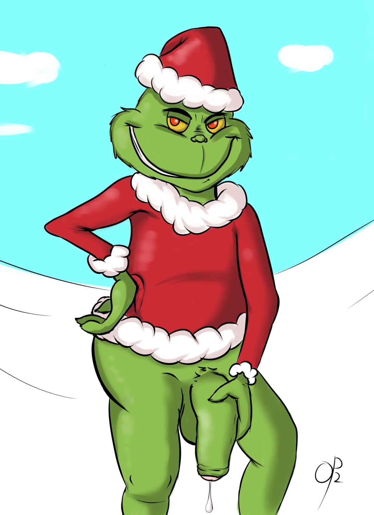 2012 absurd_res balls big_penis bodily_fluids bottomless christmas christmas_clothing christmas_headwear clothed clothing cloud digital_media_(artwork) dr._seuss e621 emenius foreskin fur genital_fluids genitals green_body green_fur grin half-erect hat headgear headwear hi_res holidays how_the_grinch_stole_christmas! humanoid humanoid_genitalia humanoid_penis looking_at_viewer male outside partially_retracted_foreskin penis precum red_eyes santa_hat sky smile snow solo the_grinch