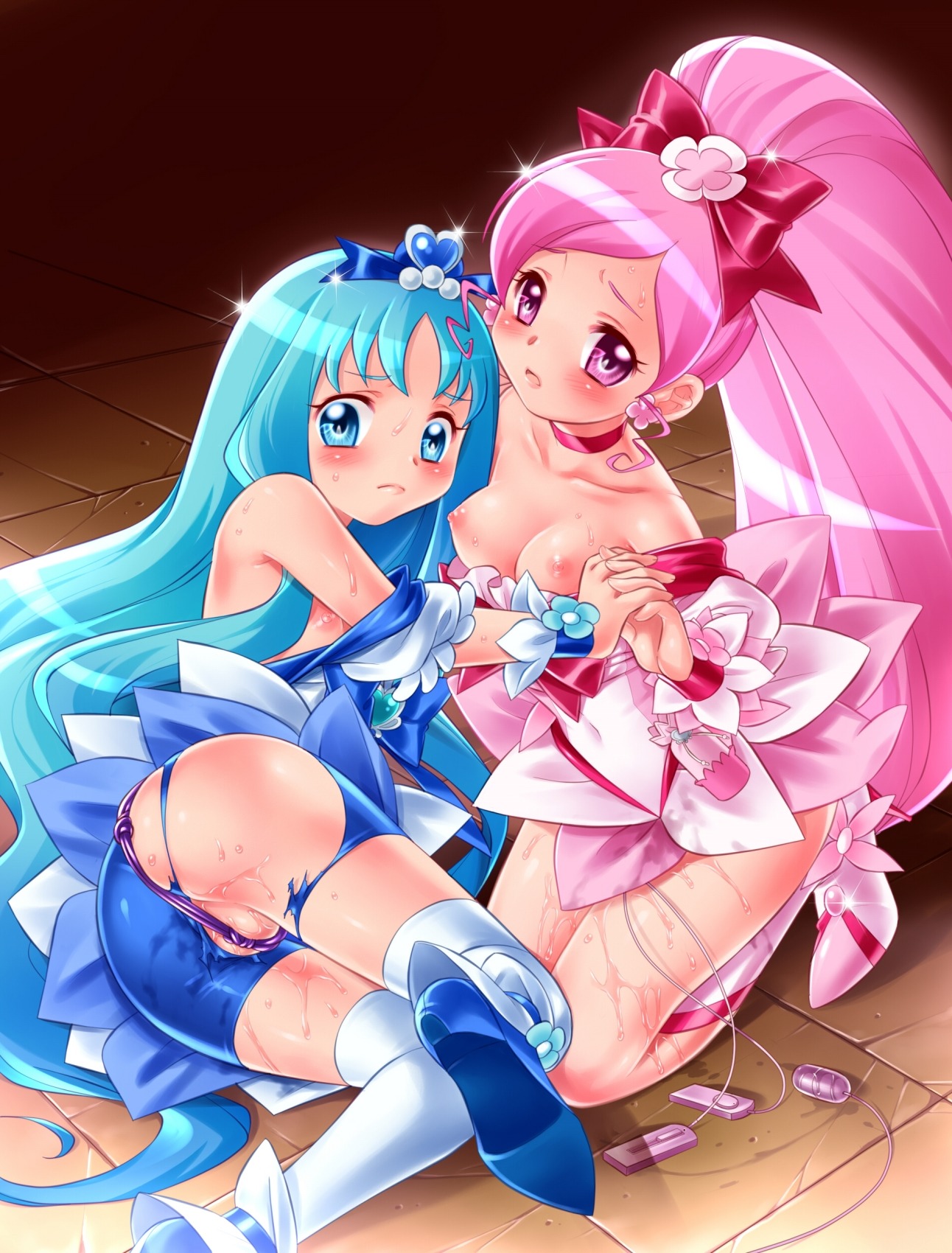 2girls blue_eyes blue_hair blush bondage bow breasts clothing crotch_rope cure_blossom cure_marine erika_kurumi female female_only heartcatch_precure! heartcatch_pretty_cure! highres jpg long_hair magical_girl multiple_females multiple_girls nekozawa_yukari nipples pink_eyes pink_hair post-orgasm precure pretty_cure pussy pussy_juice rule34 shorts sippo-soft small_breasts stockings straight_hair thighhighs torn_clothes tsubomi_hanasaki vibrator vibrator_cord yuri