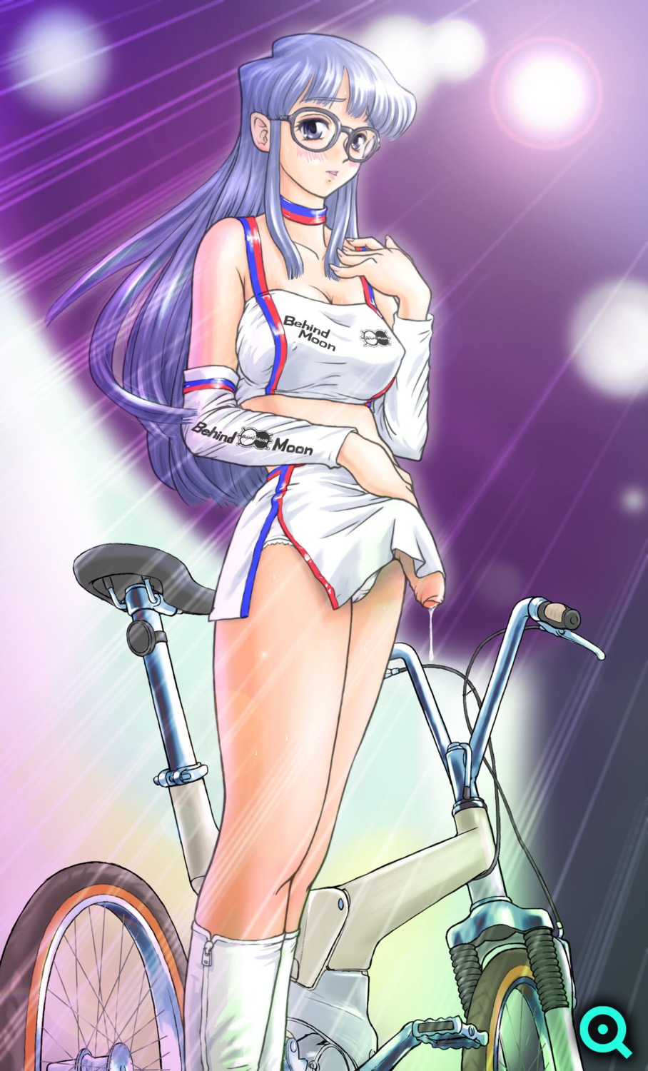 1futa behind_moon bicycle blue_hair boots bulge cameltail costume cum detached_sleeves dulce_report futa_only futa_sans_balls futanari glasses high_resolution intersex kiyose_aoi long_hair midriff miniskirt panties penis q_(artist) rule34 skirt tubetop underwear zipper