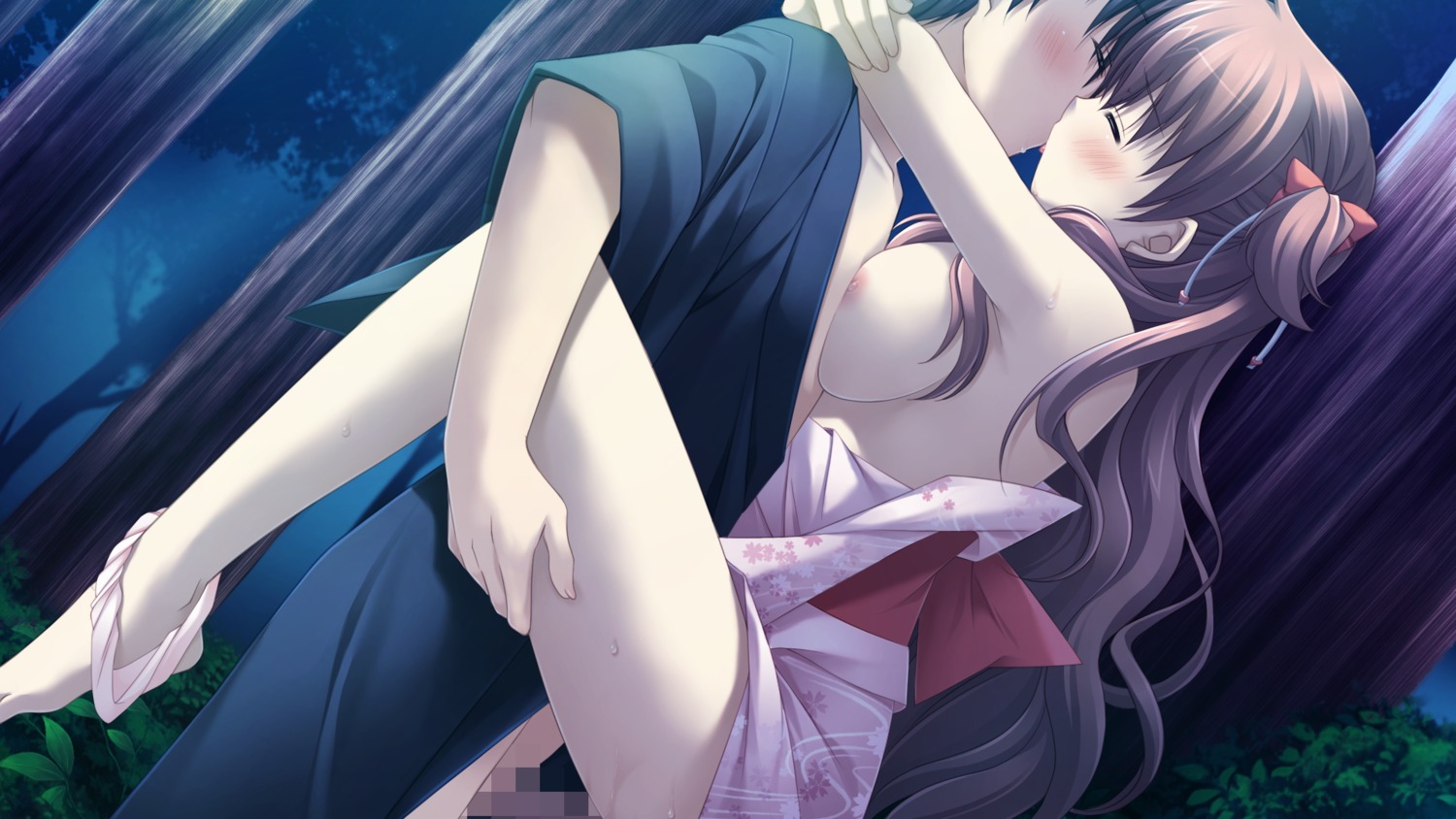 breasts brown_hair censored female game_cg hosaka_hina ikegami_akane japanese_clothes kissing male nipples no_bra penis rule34 sex with_ribbon