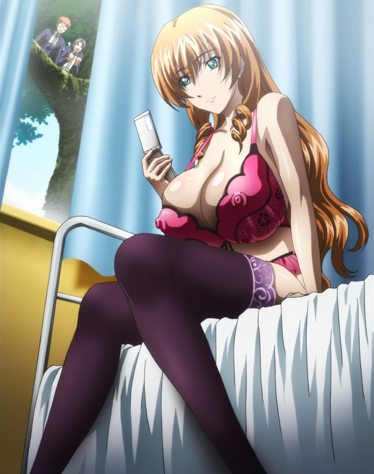 1boy bed bra breasts cellphone character_request cleavage curtains erect_nipples female high_resolution huge_breasts lingerie maken-ki! male nipples rule34 sitting smile stitched thighhighs underwear voyeurism window